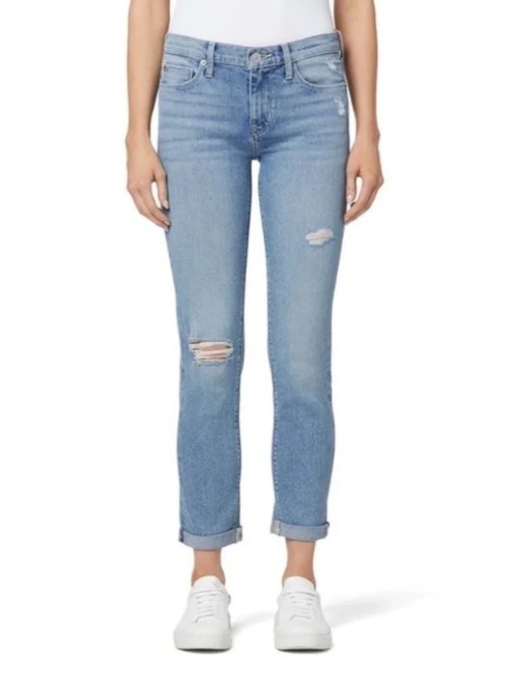 Hudson Jeans Krista Straight Crop W/ Roll Cuff Light Wash Distressed Size 27
